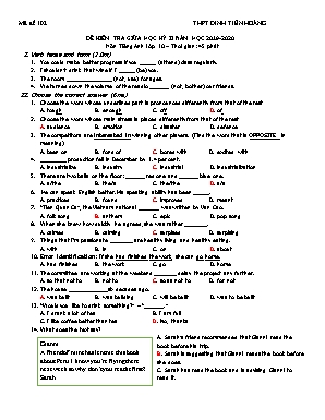 Đề kiểm tra giữa học kỳ II môn Tiếng Anh Lớp 10 - Mã đề 102 - Năm học 2019-2020 - Trường THPT Đinh Tiên Hoàng (Kèm đáp án)